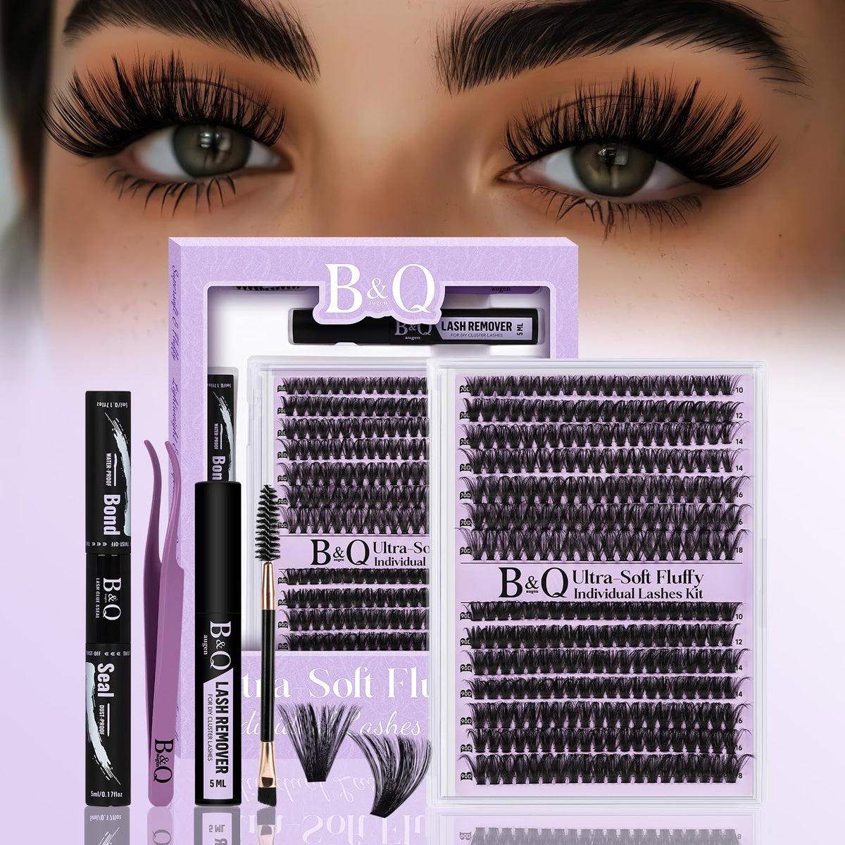 BQaugen fluffy lash clusters kit 280pcs, close-up view for voluminous, salon-worthy lashes.