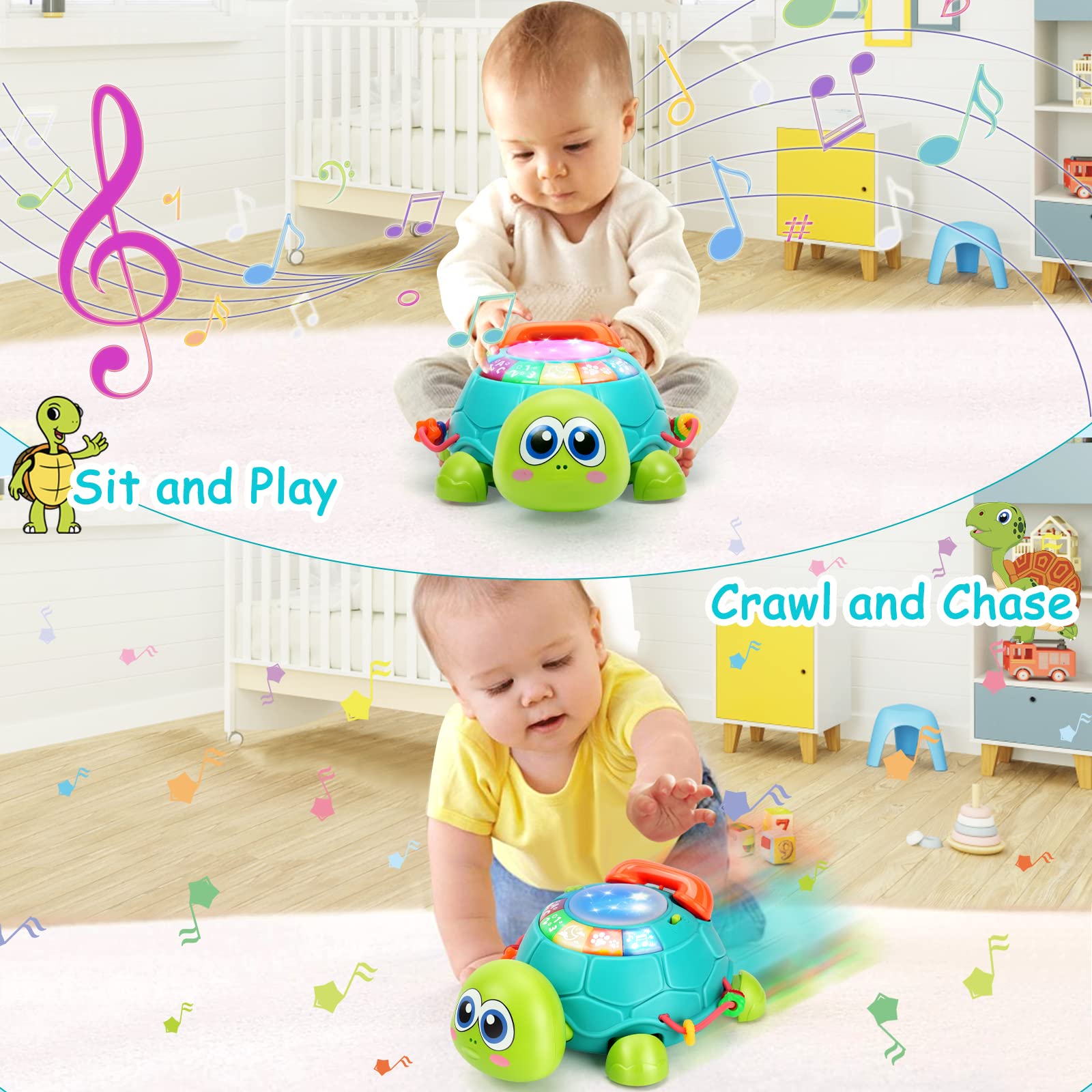 BQU Musical Turtle play-drum mode engages senses with bright rhythms during interactive play