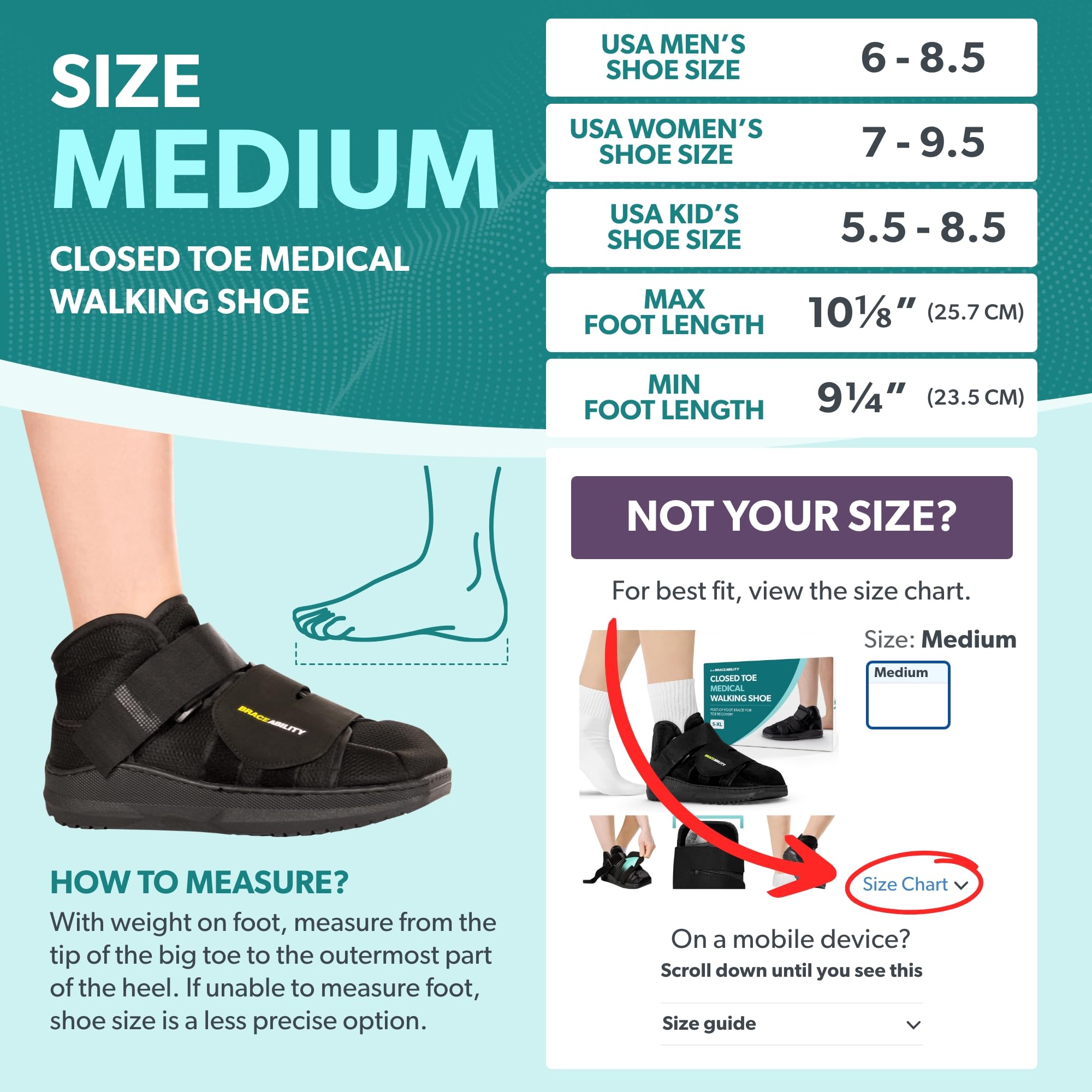 BraceAbility closed-toe medical walking shoe front view offers stable support.