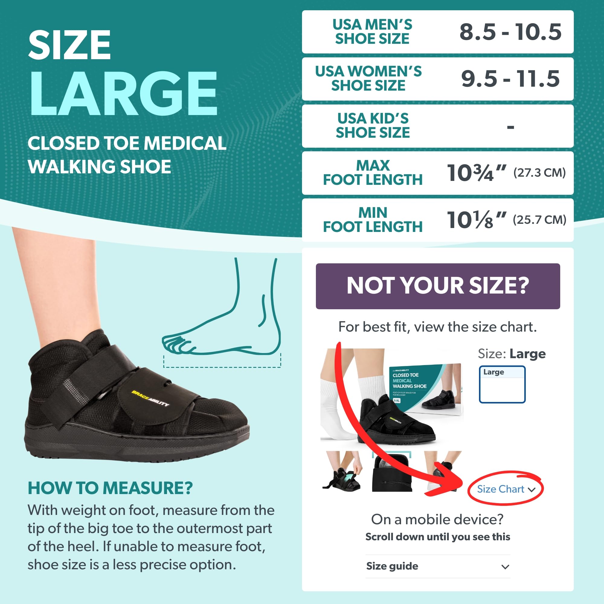 BraceAbility closed-toe walking shoe top view highlights roomy toe box for swelling relief.