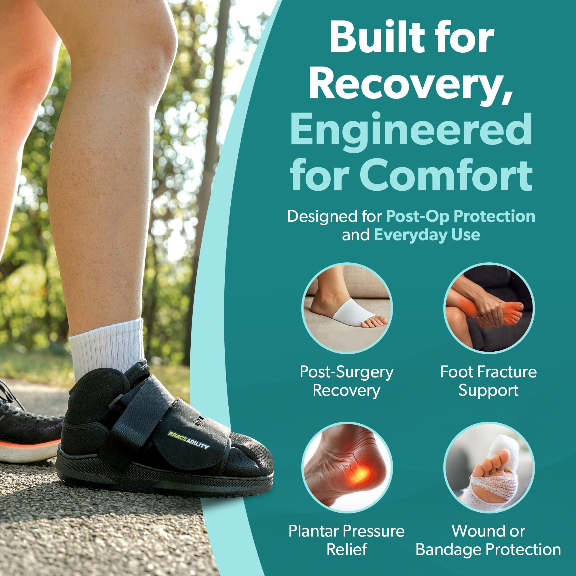 BraceAbility square-toe post-op shoe protects dressings while you move.