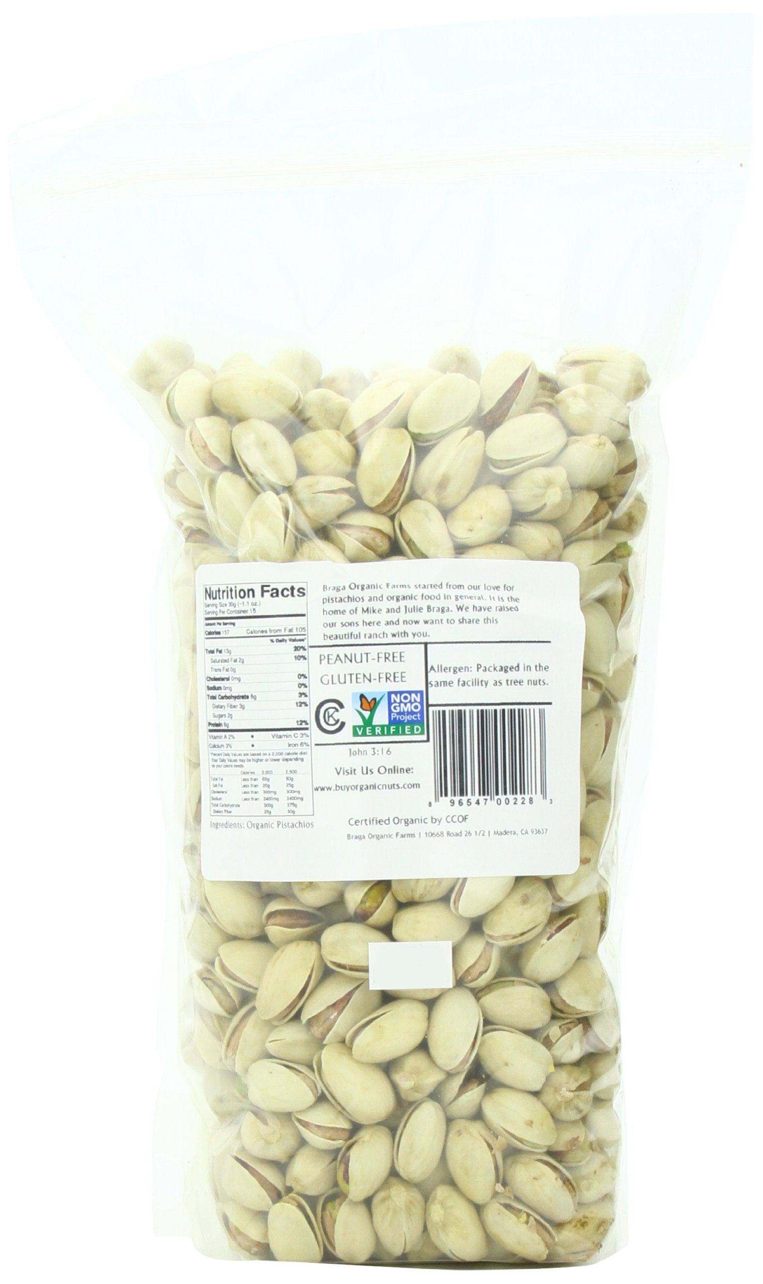Braga Organic Farms inshell pistachios close-up showing natural color for healthy eating.