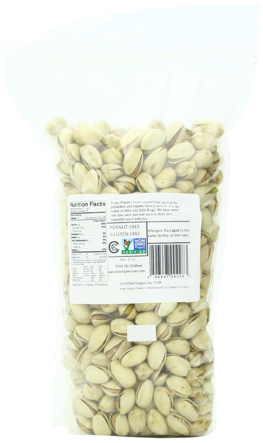 Braga Organic Farms inshell pistachios close-up showing natural color for healthy eating.