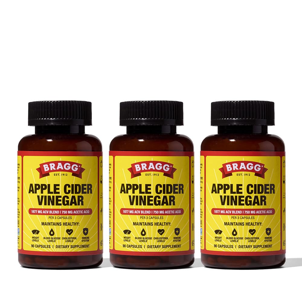 Bragg ACV capsules bottle pour demonstrates easy daily wellness option.