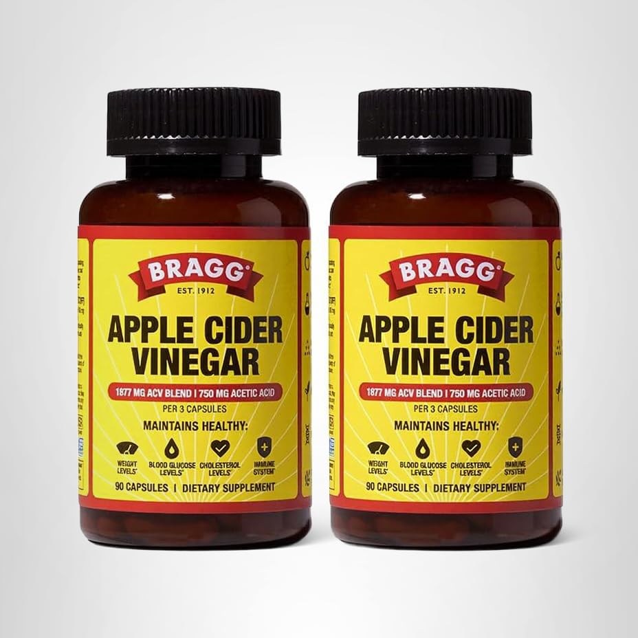 Bragg ACV capsules with serving guidance visible on label.