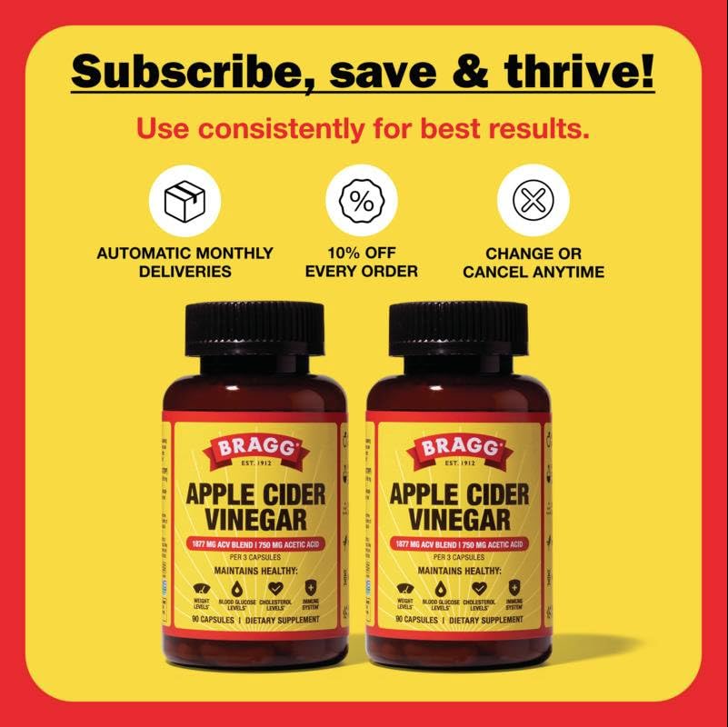 Bragg ACV capsules beside water for easy intake.