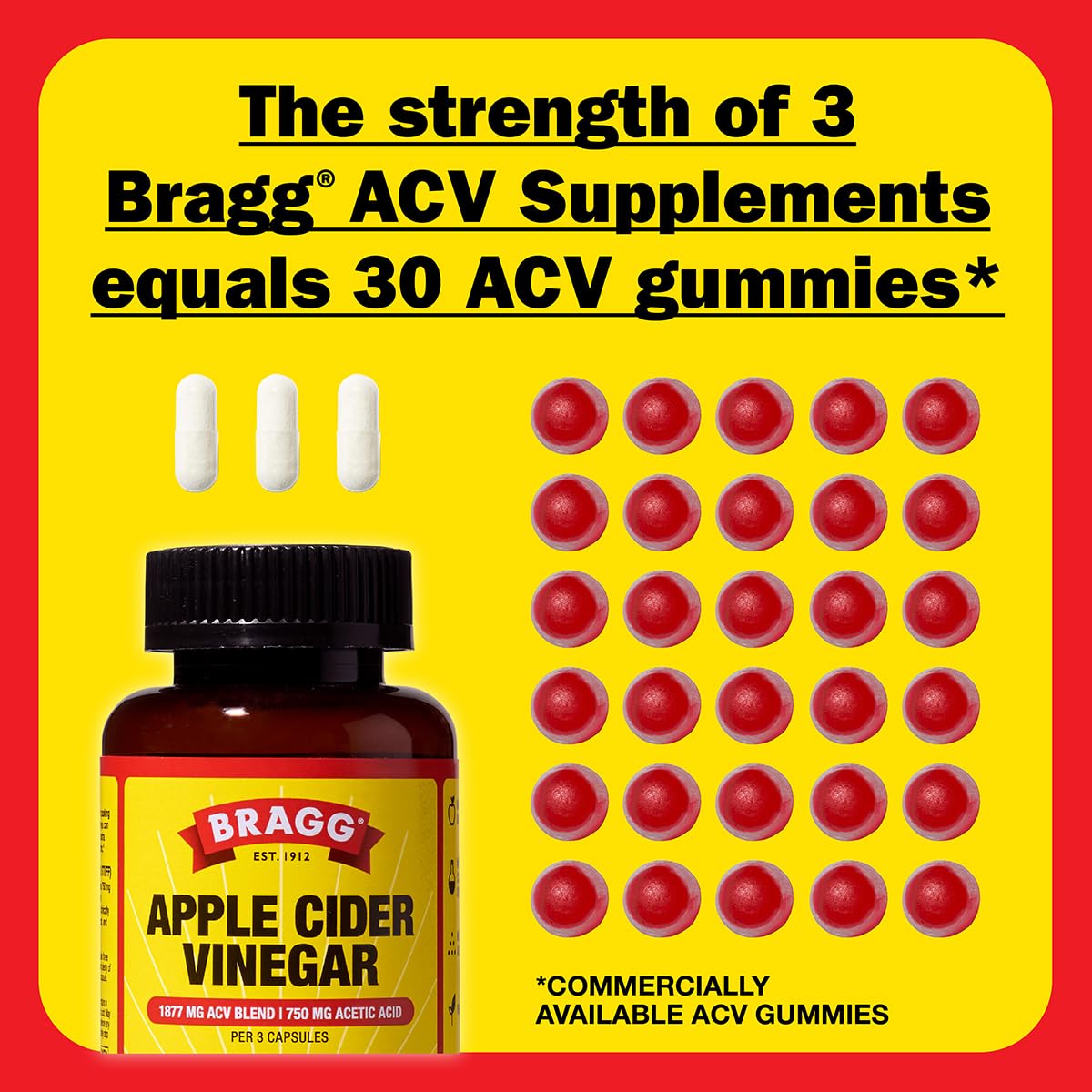 Bragg ACV capsules daily-dose graphic showing three capsules per serving