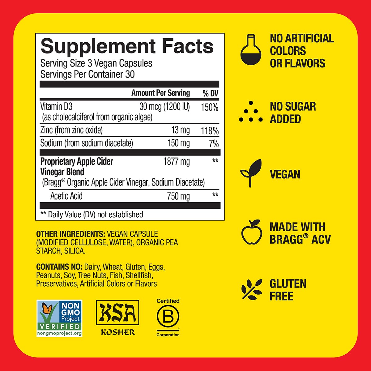 Bragg ACV capsules no artificial colors text near bottle highlighting clean ingredients