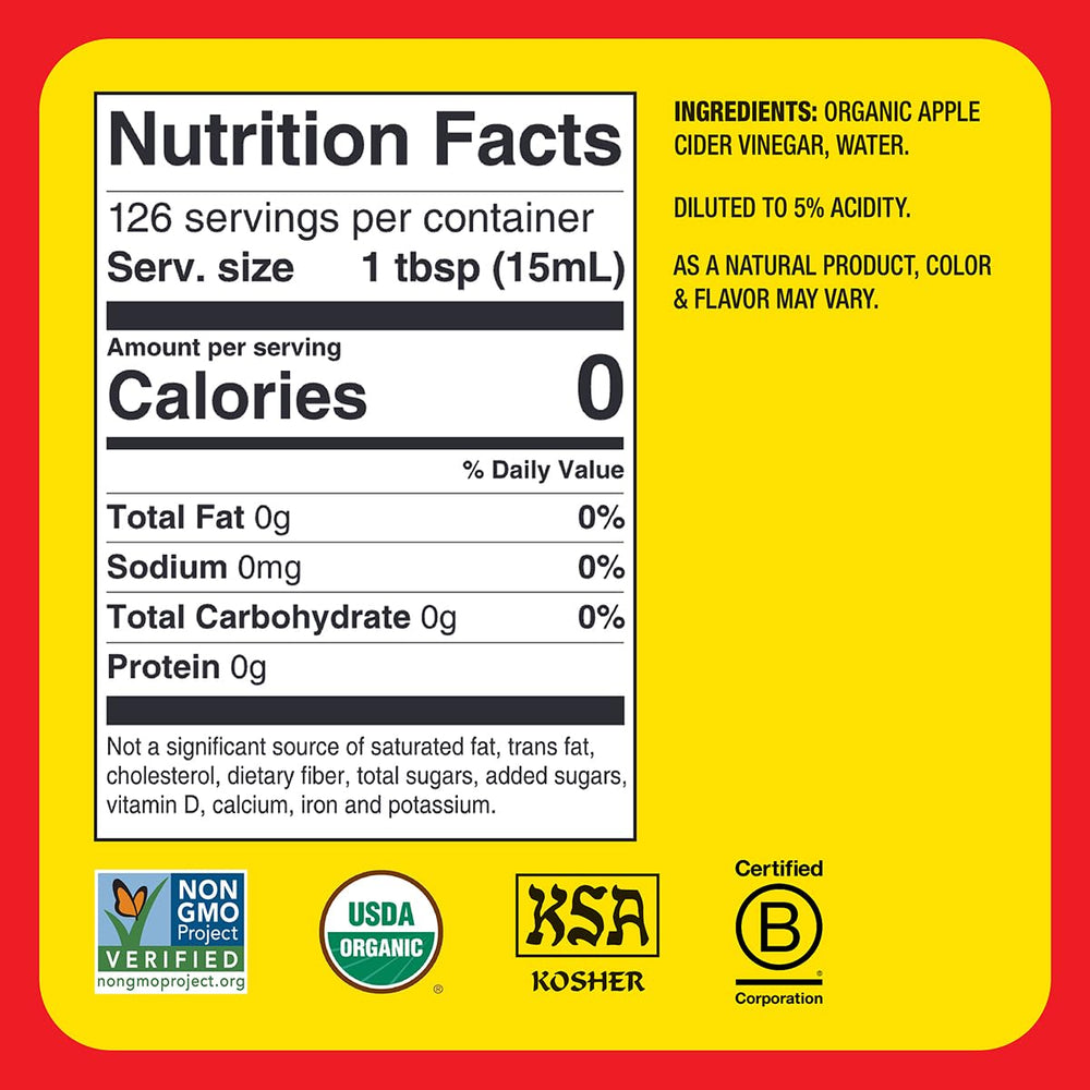 Bragg ACV with Mother visible in bottle highlighting live cultures for flavor