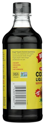 Close-up of Bragg Coconut Aminos ingredients list for natural plant-based seasoning.