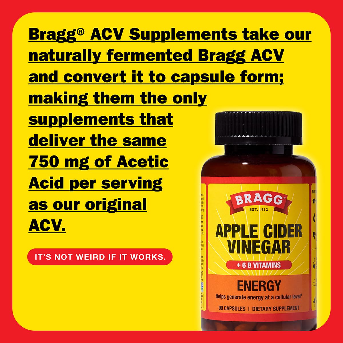 Bragg Energy ACV capsules label highlights B12 and ingredients.
