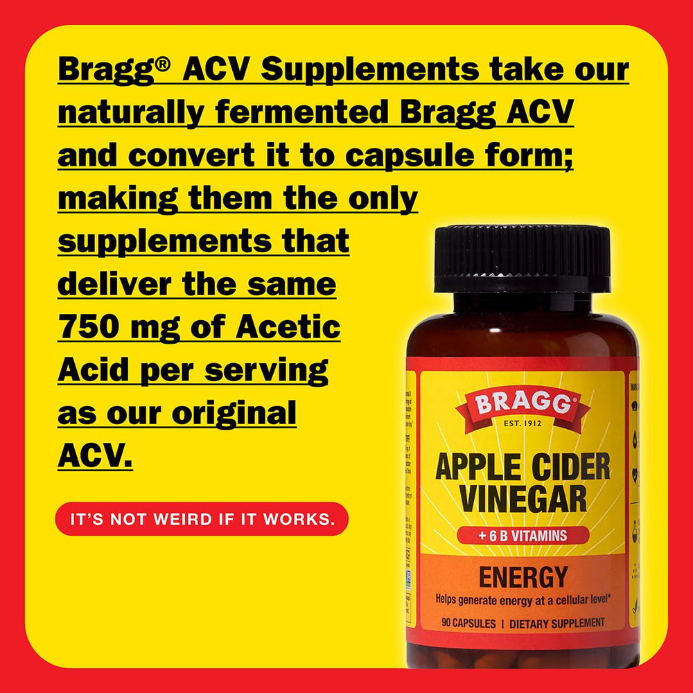 Bragg Energy ACV capsules label highlights B12 and ingredients.