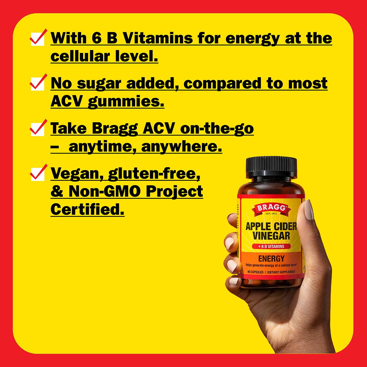 Bragg Energy ACV Capsules daily-dose graphic highlights three capsules per serving.