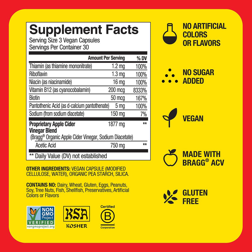 Bragg Energy ACV Capsules kosher symbol confirms dietary compatibility.