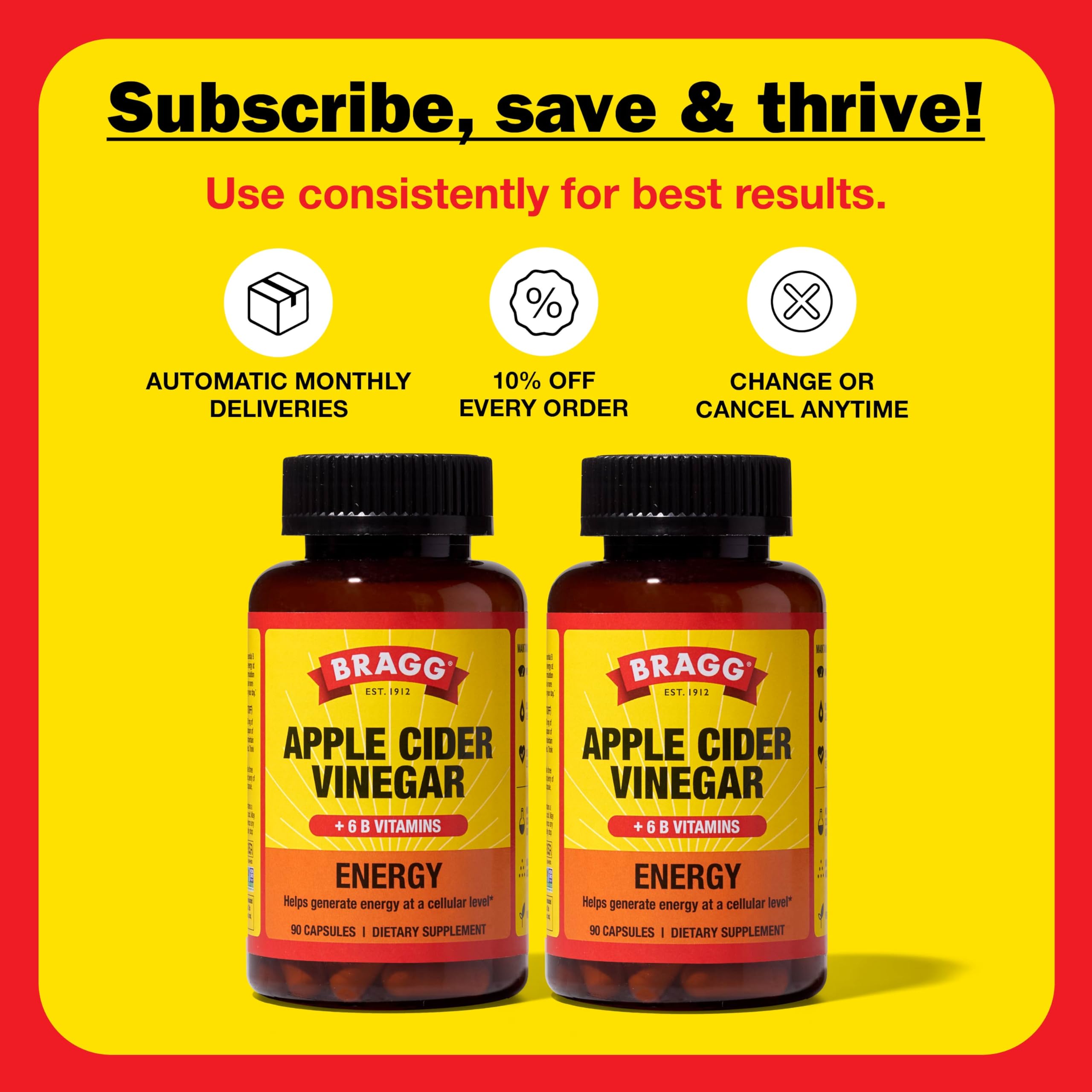 Bragg Energy ACV Capsules non-GMO icon signals a clean label.