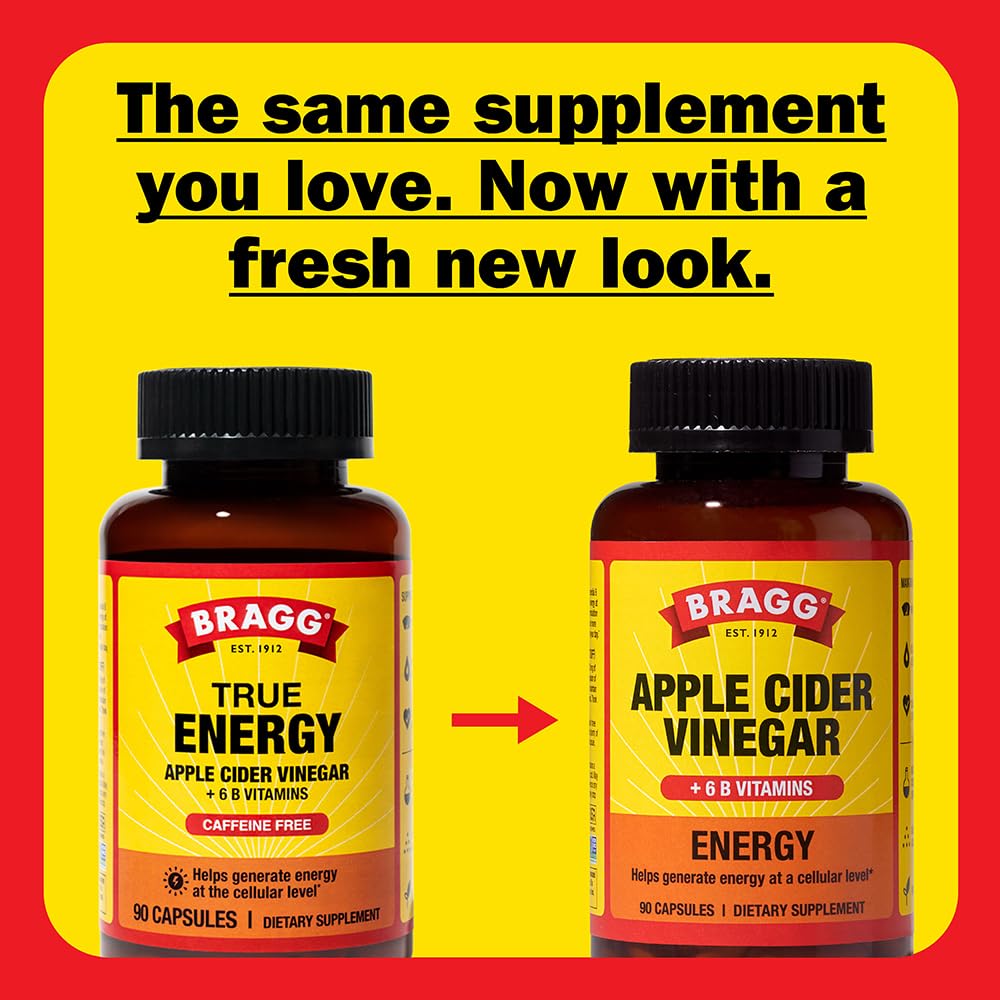 Bragg Energy ACV Capsules vegan and gluten-free symbol indicates plant-based option.
