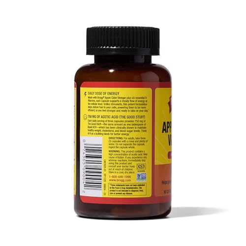 Bragg Energy ACV Capsules with water glass suggests easy daily intake.