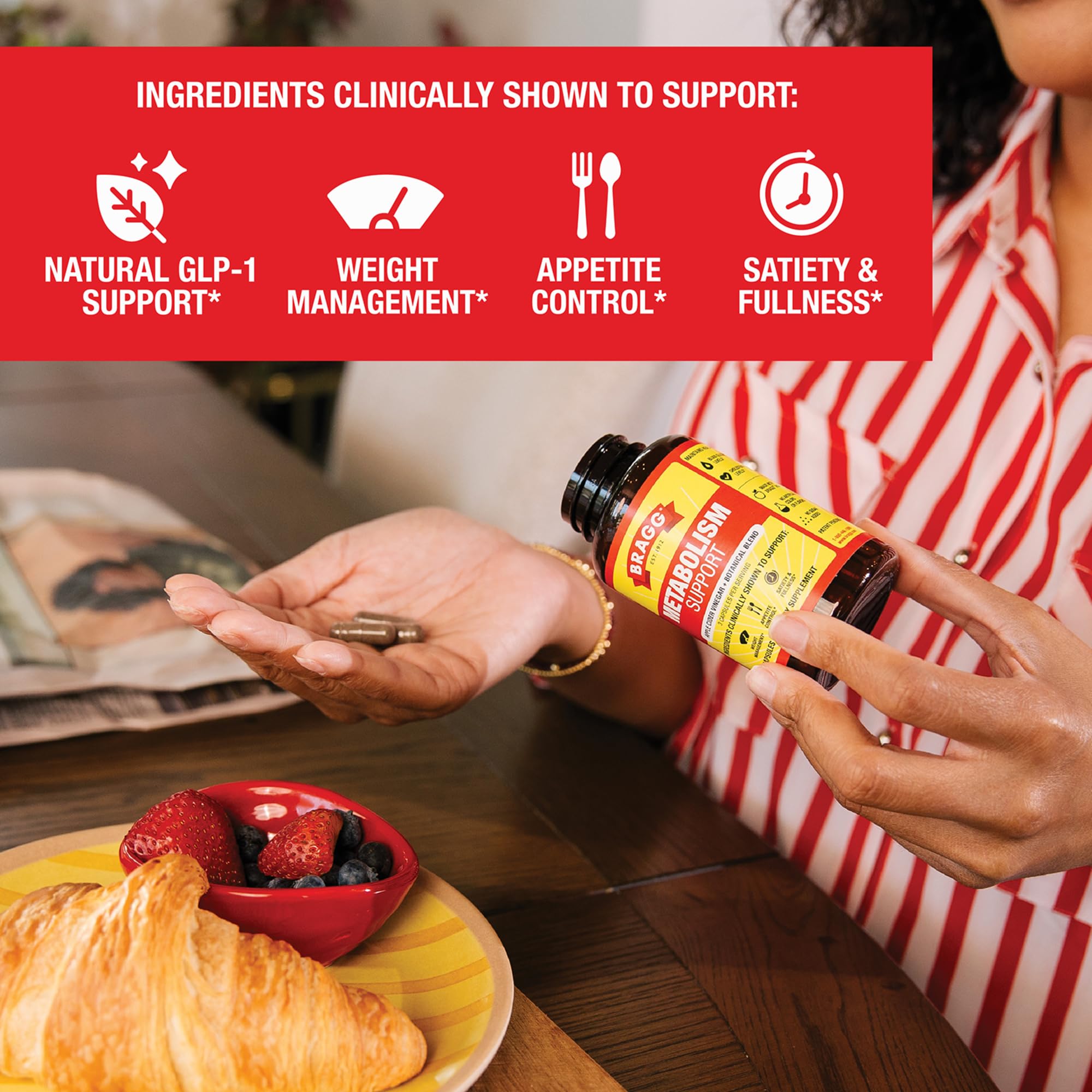 Bragg Metabolism Support capsules close-up and 90-count bottle.