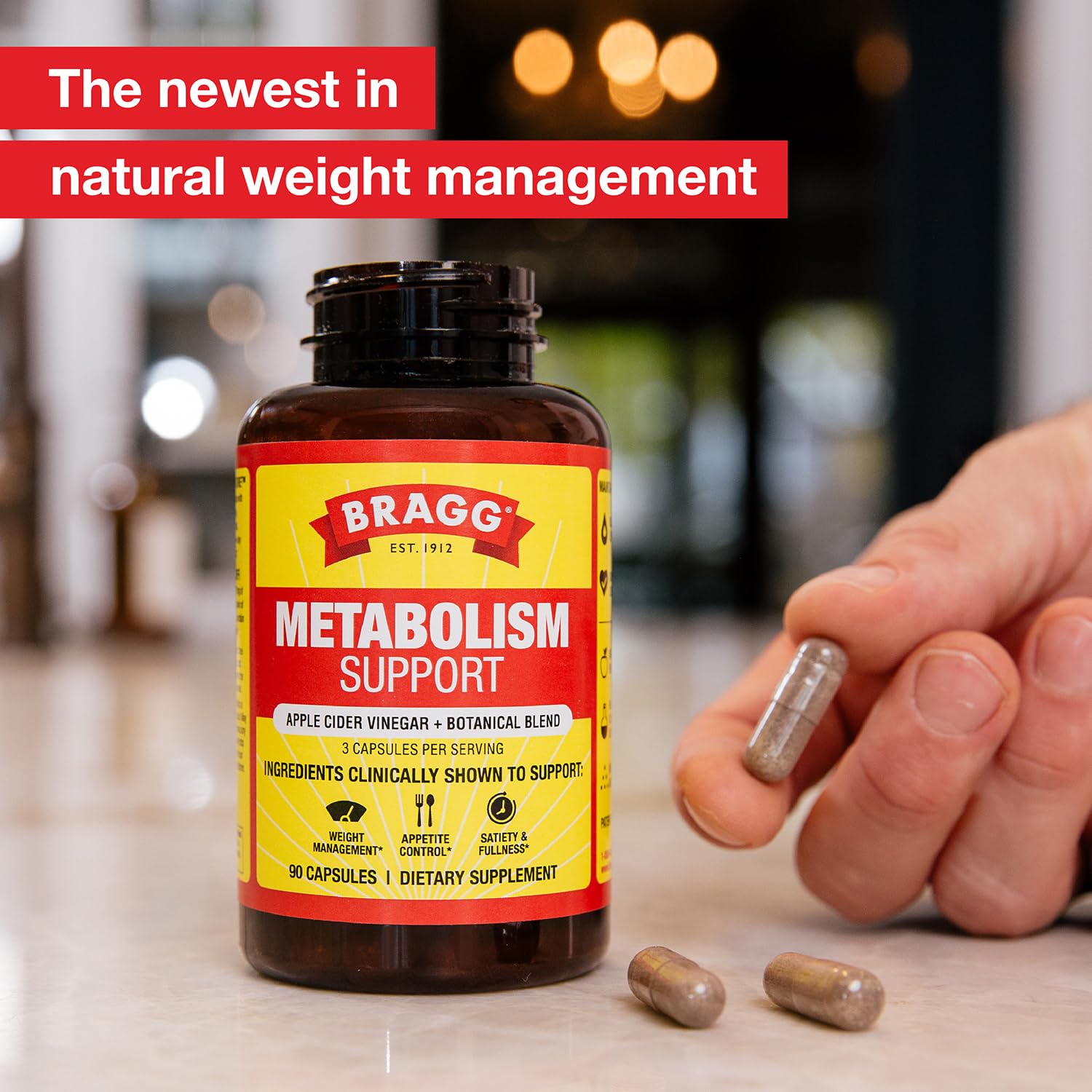 Bragg Metabolism Support label close-up highlighting apple cider vinegar content.