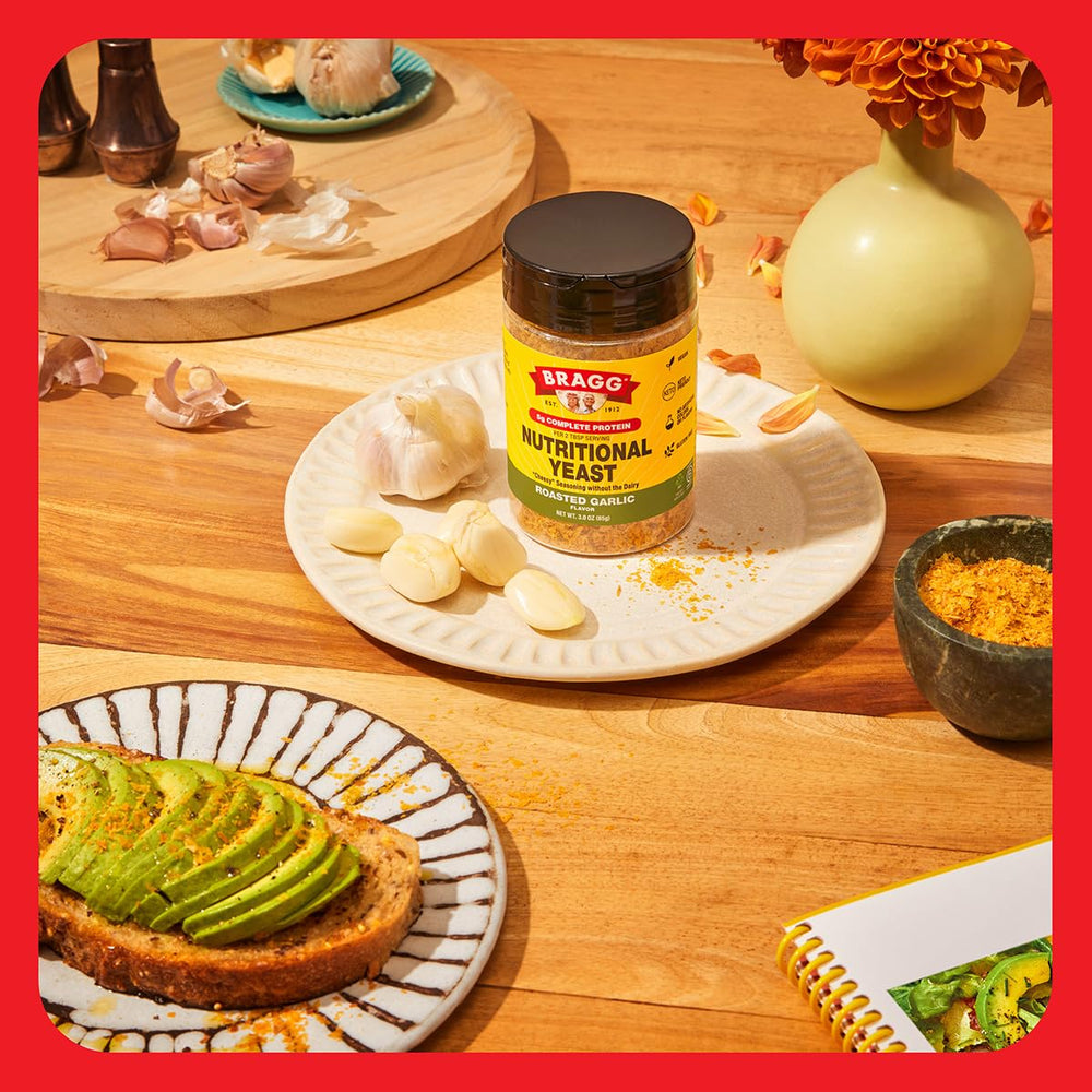 Bragg Nutritional Yeast Roasted Garlic Seasoning finish elevates meals with protein-friendly flavor.
