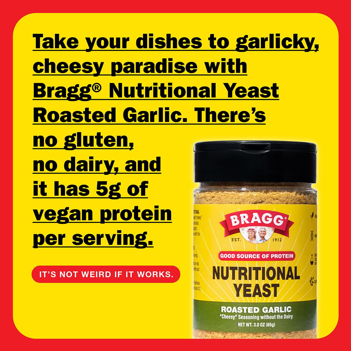 Bragg Nutritional Yeast Roasted Garlic Seasoning sprinkled on pasta enhances taste.