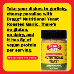 Bragg Nutritional Yeast Roasted Garlic Seasoning sprinkled on pasta enhances taste.