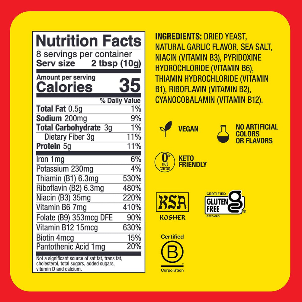 Bragg Nutritional Yeast Roasted Garlic Seasoning shaker boosts savory aroma for snacks.