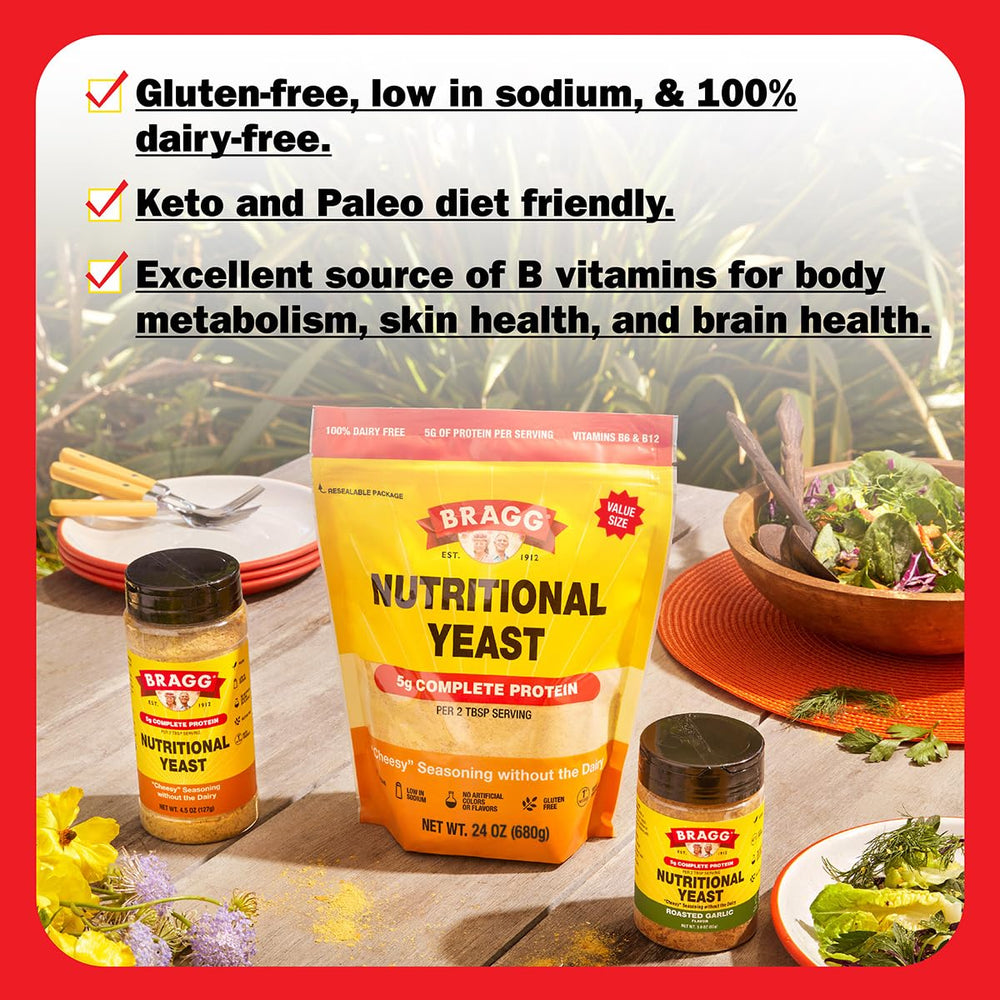Bragg Nutritional Yeast Seasoning close-up flakes for plant-based protein