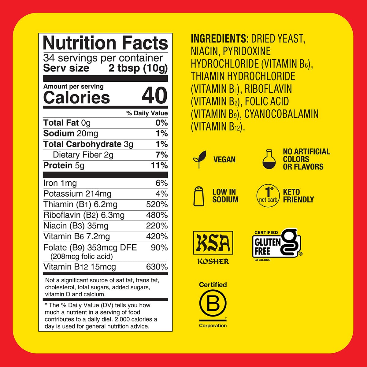 Bragg Nutritional Yeast Seasoning jar back label highlights vitamins and protein