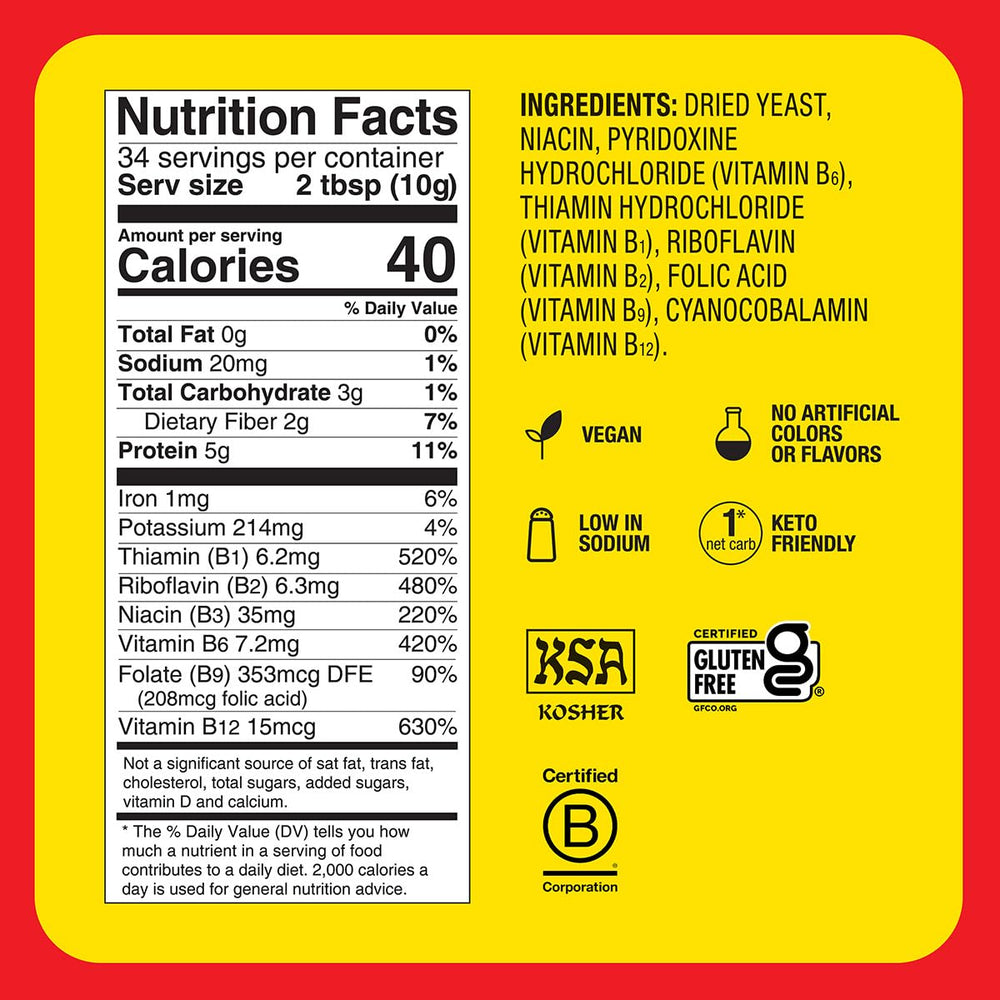 Bragg Nutritional Yeast Seasoning jar back label highlights vitamins and protein