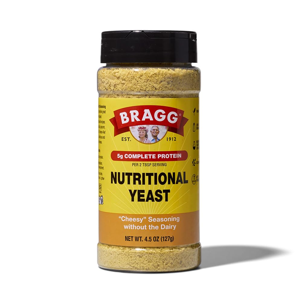 Bragg Nutritional Yeast Seasoning jar front, dairy-free parmesan substitute for salads and pastas.