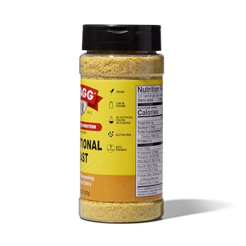 Nutrition panel focus on Bragg Nutritional Yeast Seasoning's protein and vitamins.