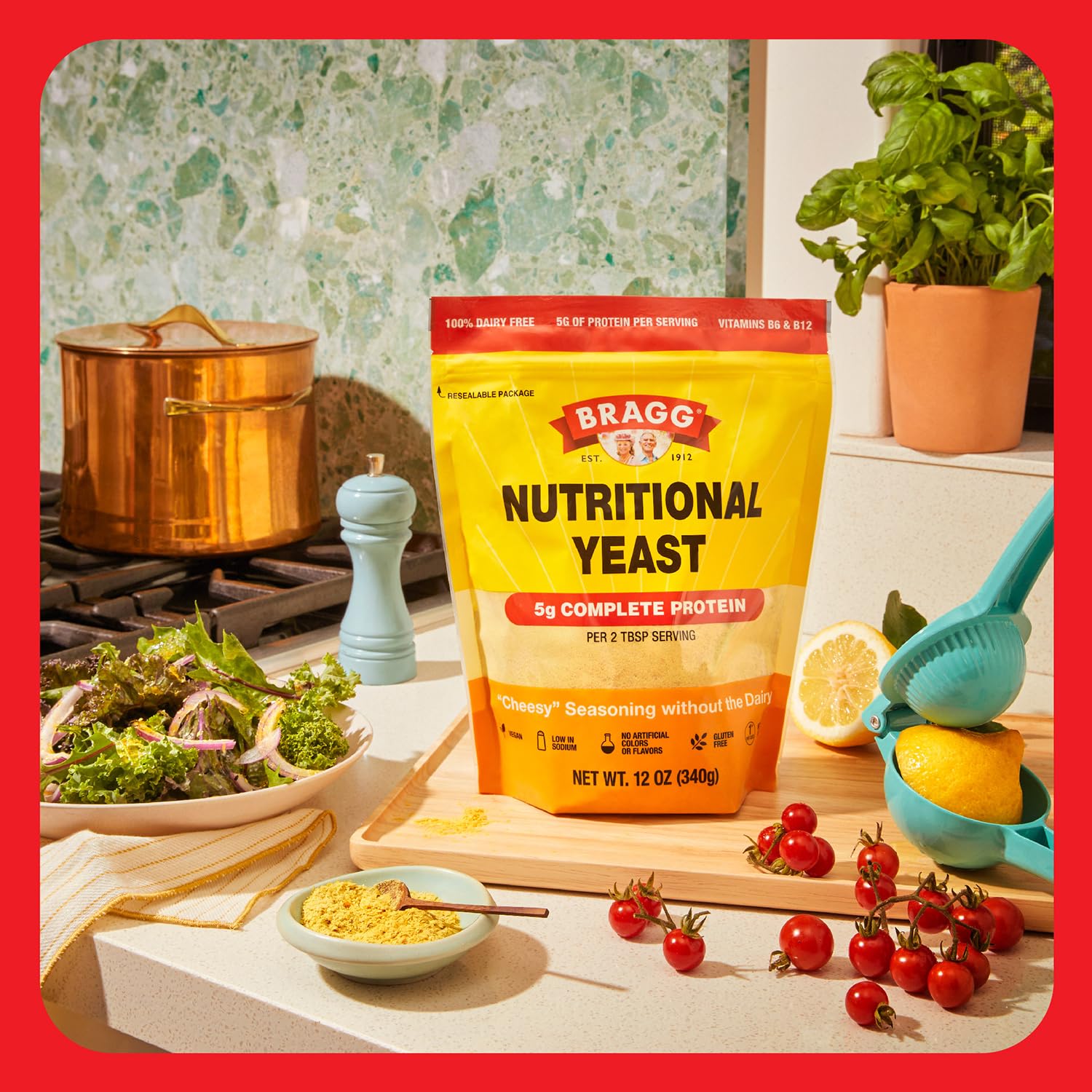 Bragg Nutritional Yeast Seasoning sprinkled on salad for depth