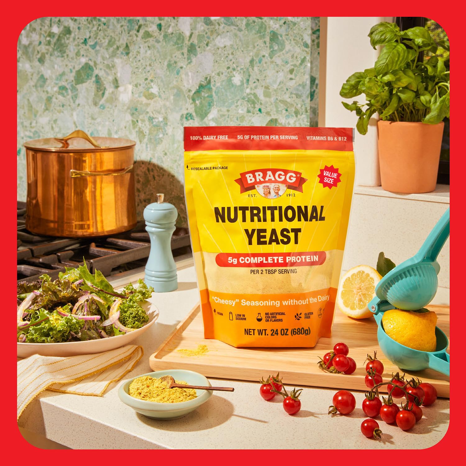 Bragg Nutritional Yeast Seasoning on popcorn as dairy-free topping