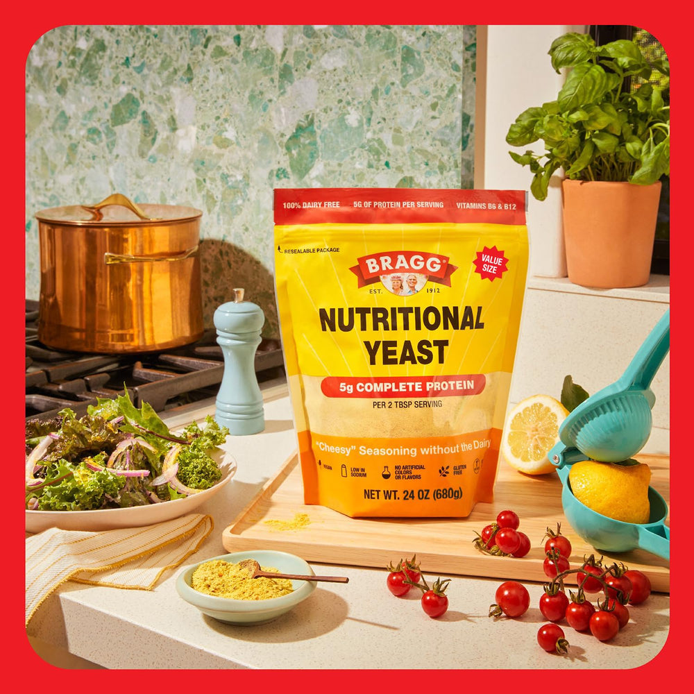 Bragg Nutritional Yeast Seasoning on popcorn as dairy-free topping
