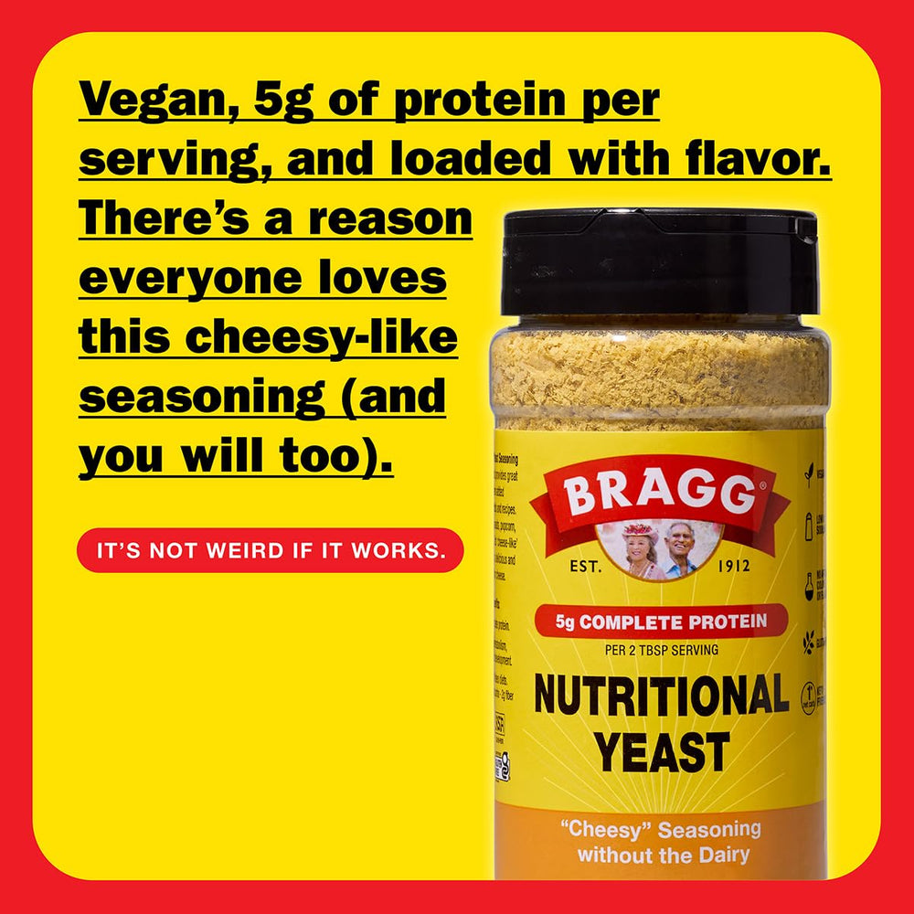 Bragg Nutritional Yeast Seasoning sprinkled on popcorn for savory, low-sodium snacking.