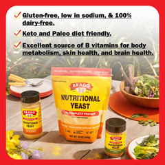 Bragg Nutritional Yeast Seasoning on a fresh salad adding protein and flavor.
