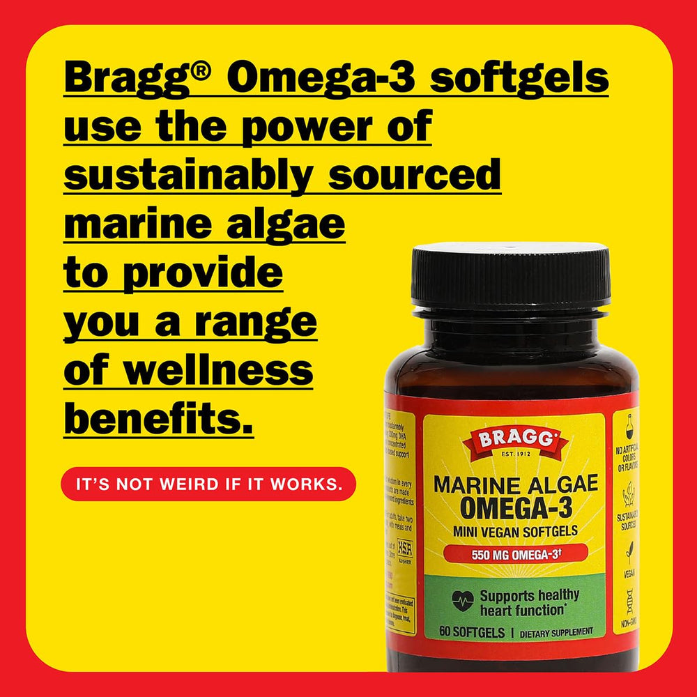 Close-up Bragg Omega-3 softgels highlighting vegan, non-GMO formula