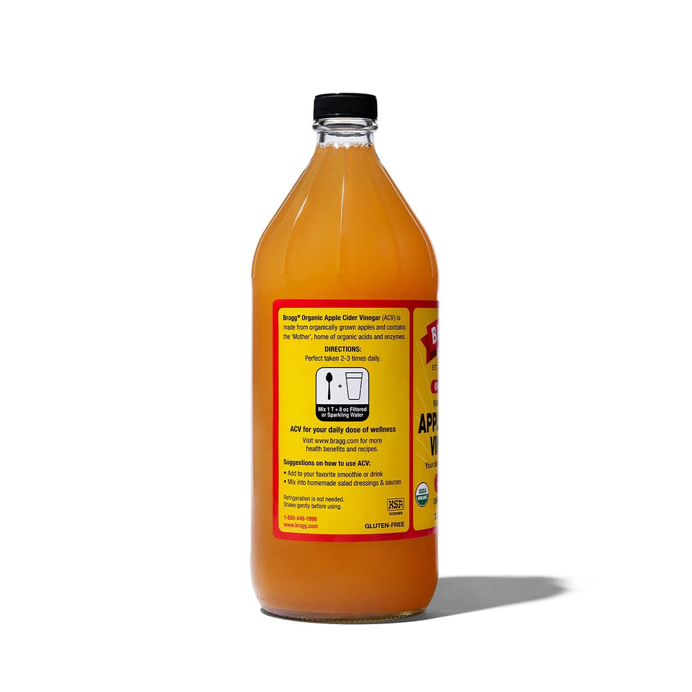 Bragg Organic Raw Apple Cider Vinegar with the mother visible for authentic flavor.