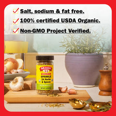 Bragg Sprinkle Seasoning for meats enhances savor without added sodium.