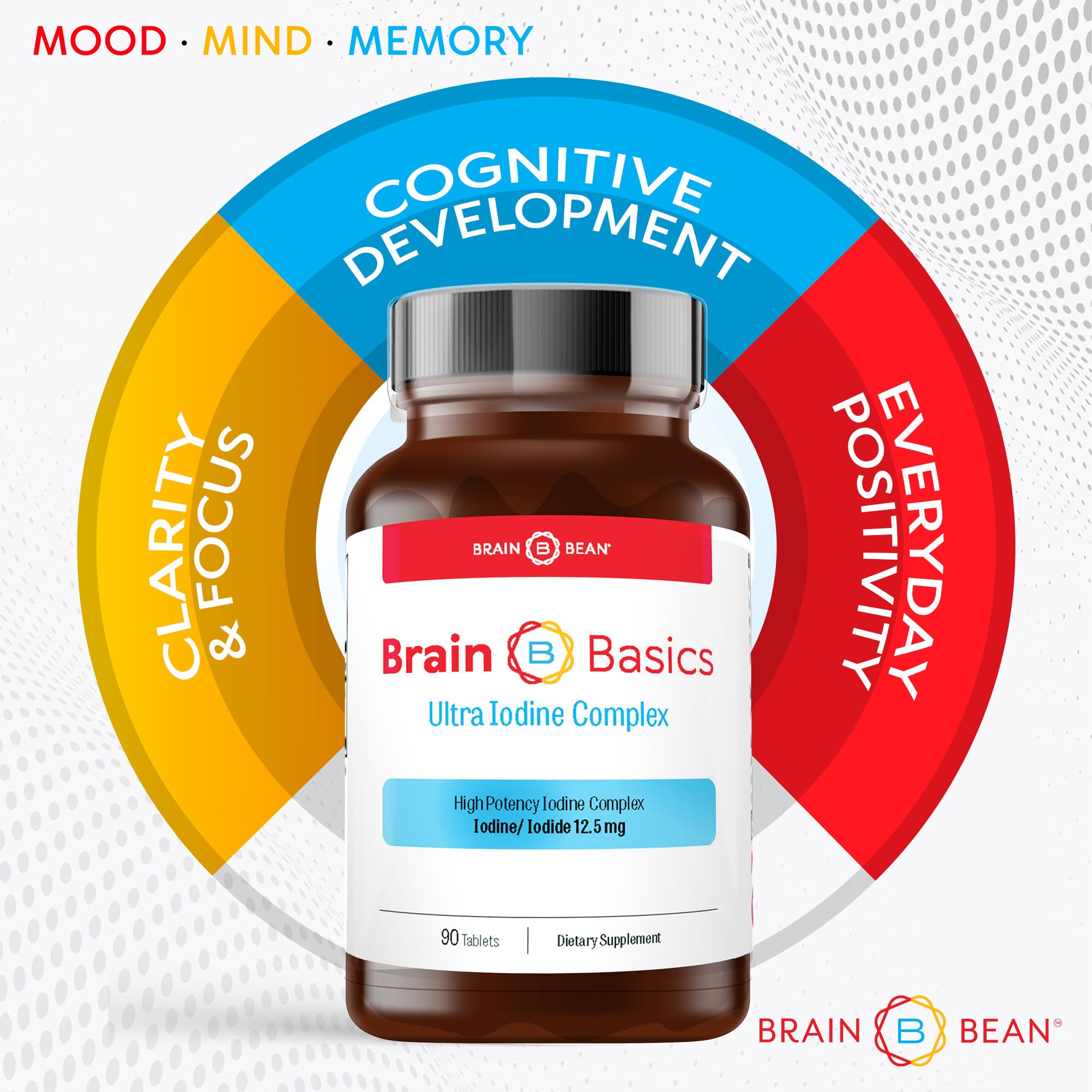 Brain Bean bottle and tablets on kitchen counter suggesting easy at-home use.