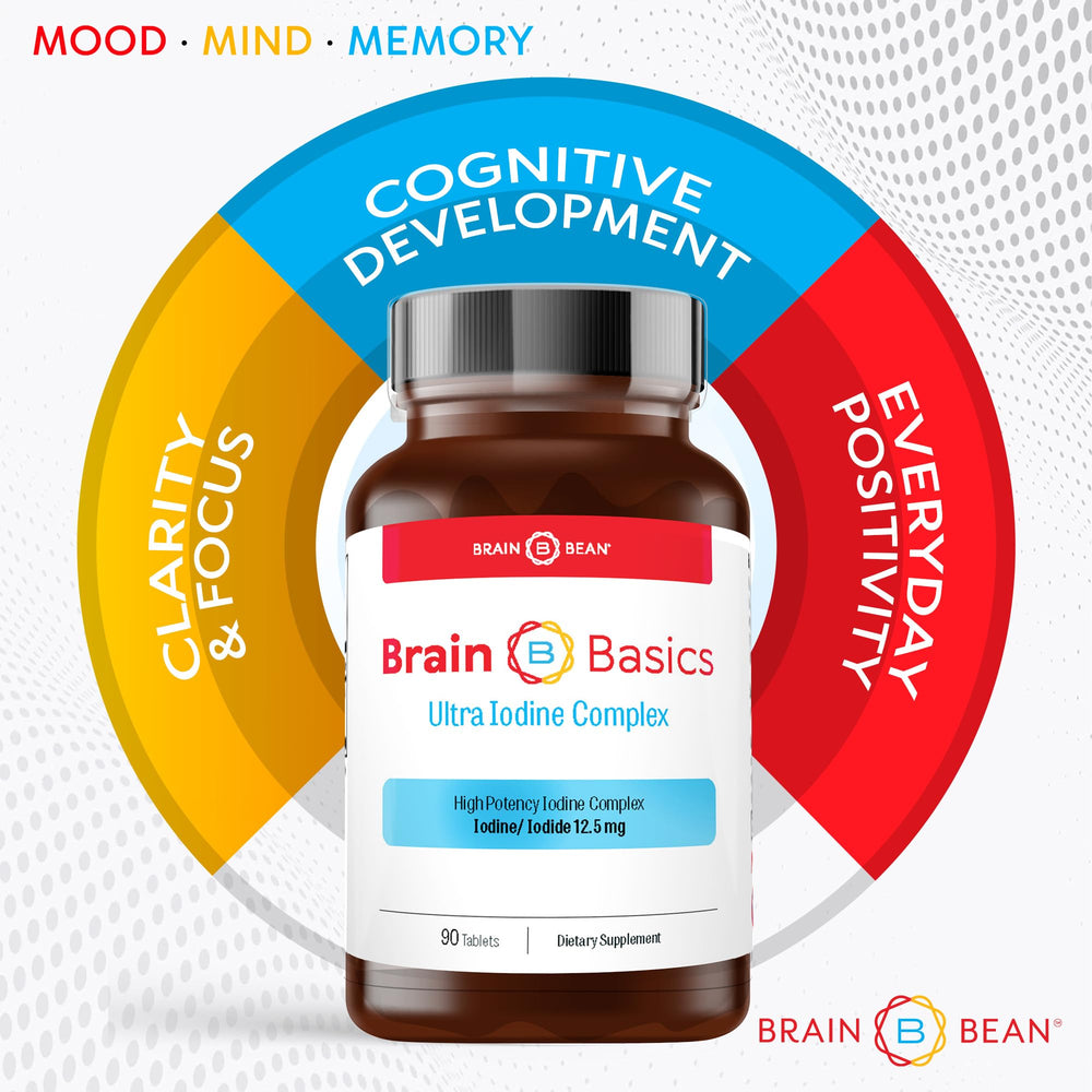 Brain Bean bottle and tablets on kitchen counter suggesting easy at-home use.