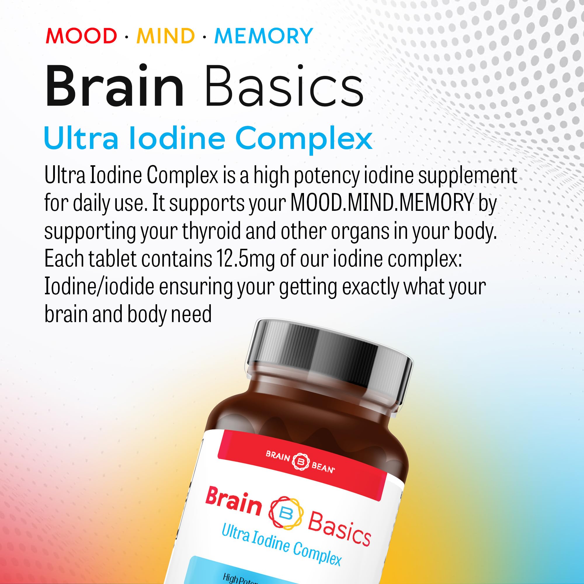 Brain Bean daily iodine tablet label detail for simple routine use.