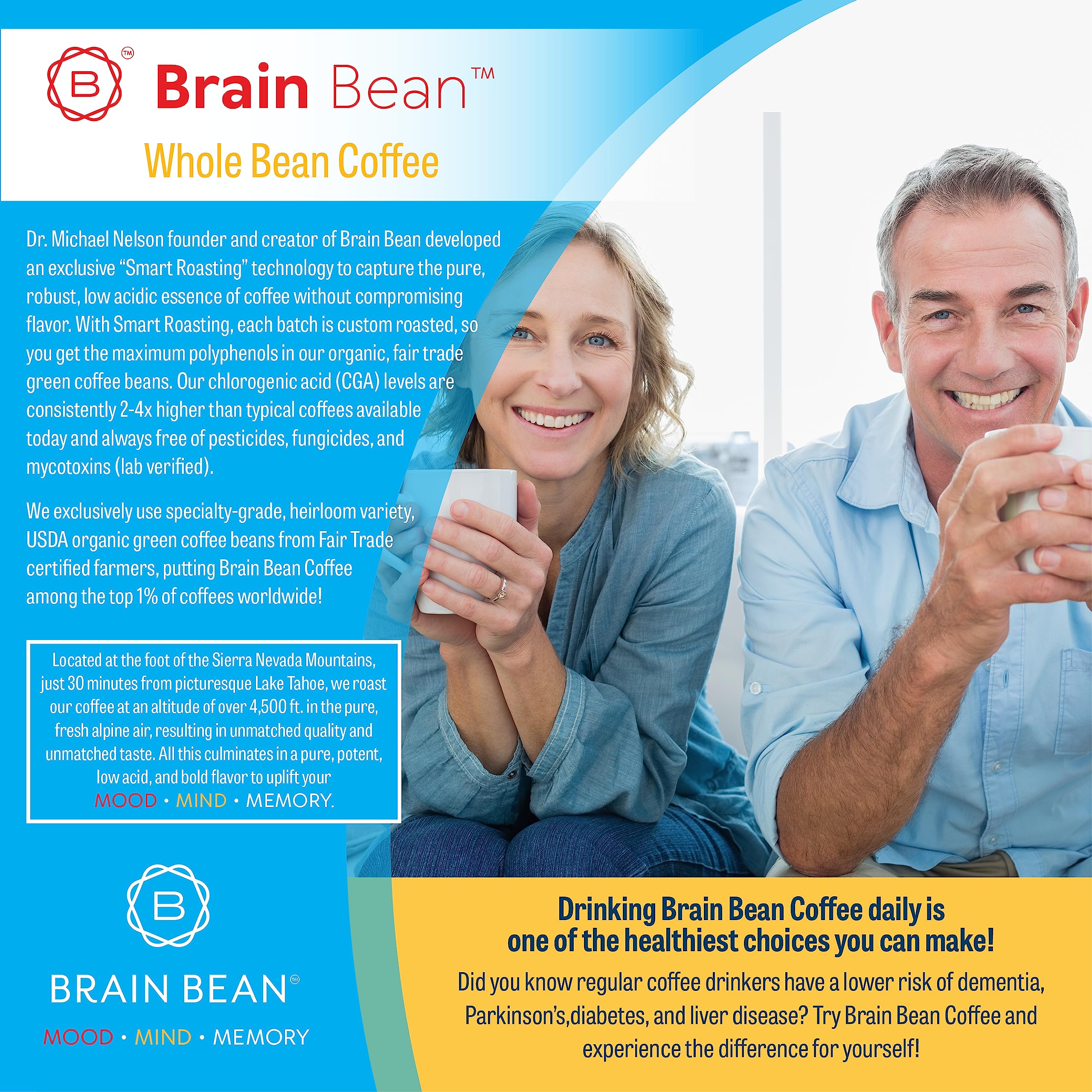 Brain Bean Organic Coffee close-up of beans emphasizing aroma and antioxidant-rich profile