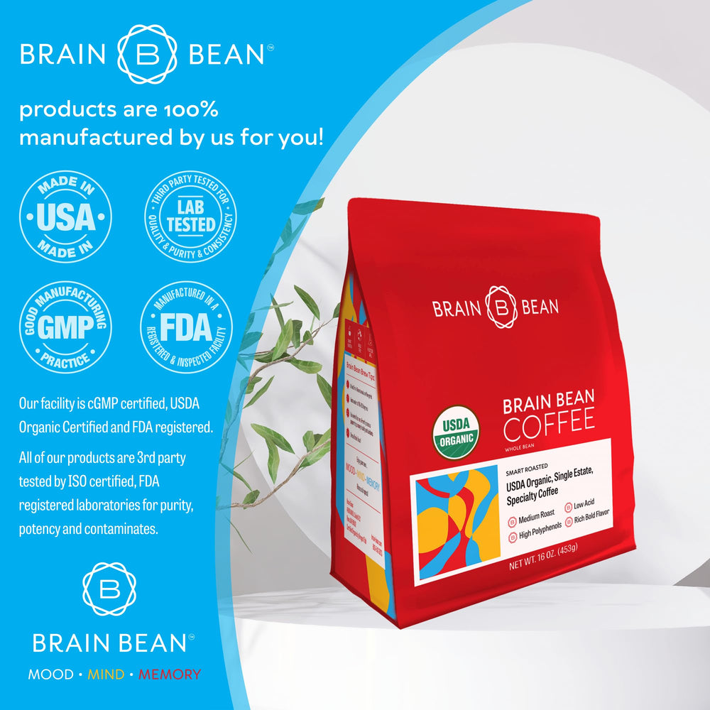 Brain Bean Organic Coffee cup sip illustrating mood-friendly enjoyment and clean tasting experience