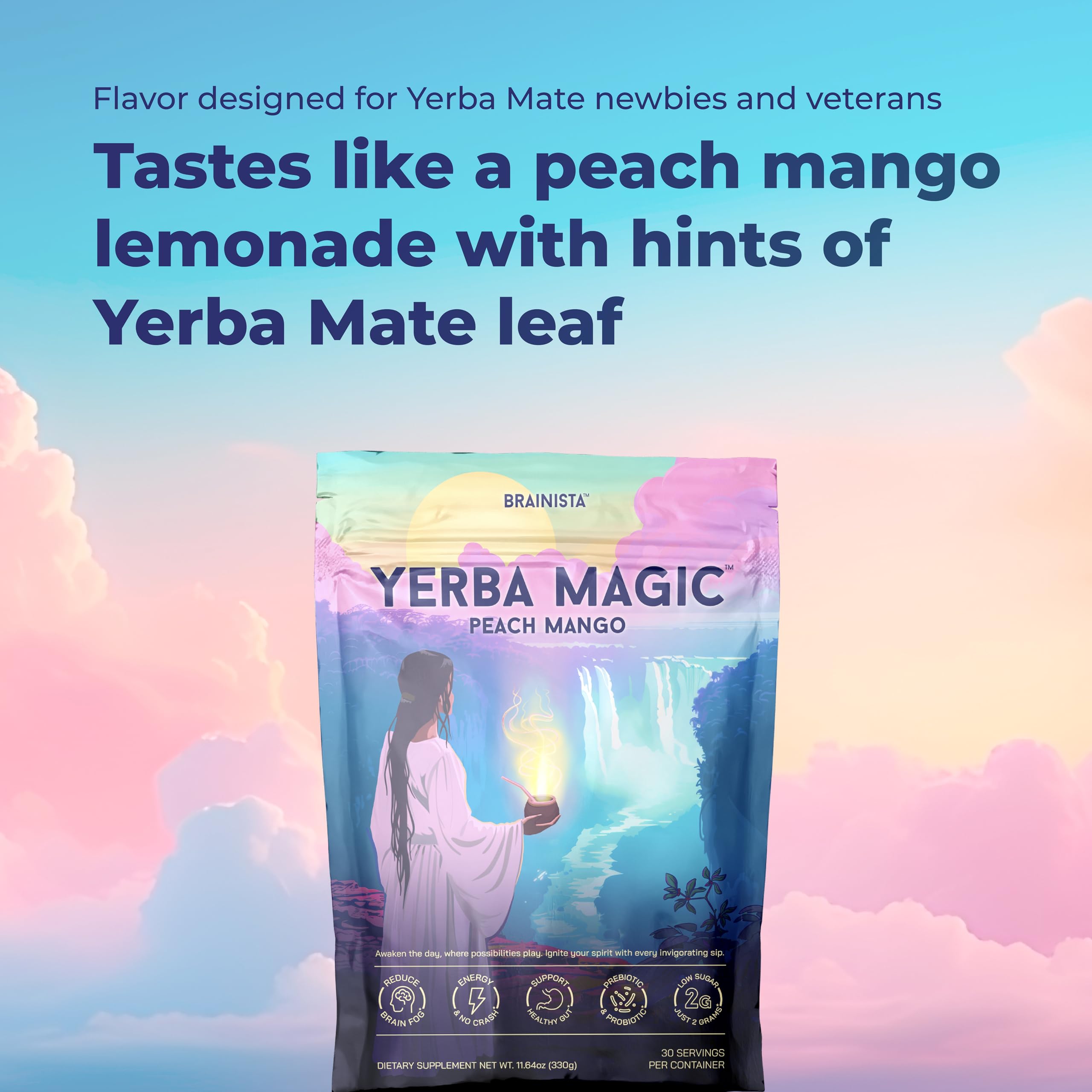 Brainista Yerba Magic digital label close-up confirms reliable branding and caffeine source.