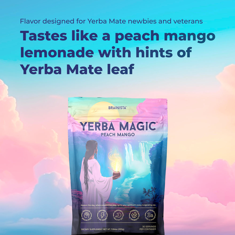 Brainista Yerba Magic digital label close-up confirms reliable branding and caffeine source.