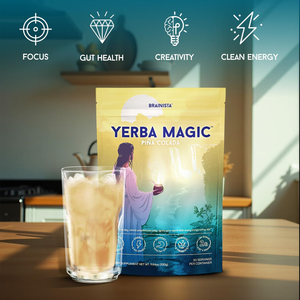 Brainista Yerba Magic Lions Mane mushroom visual for mental focus.