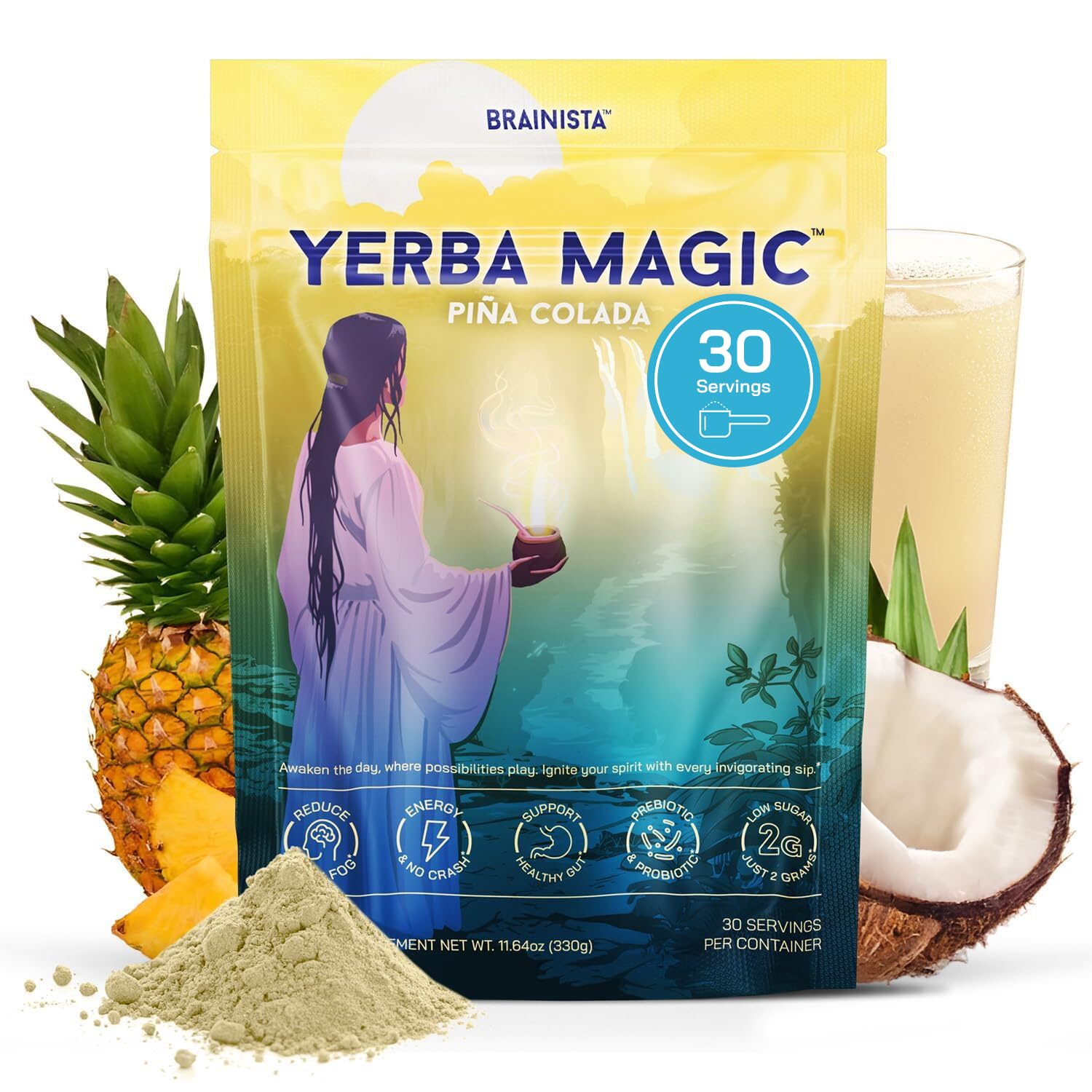 Brainista Yerba Magic pina colada powder for steady energy.