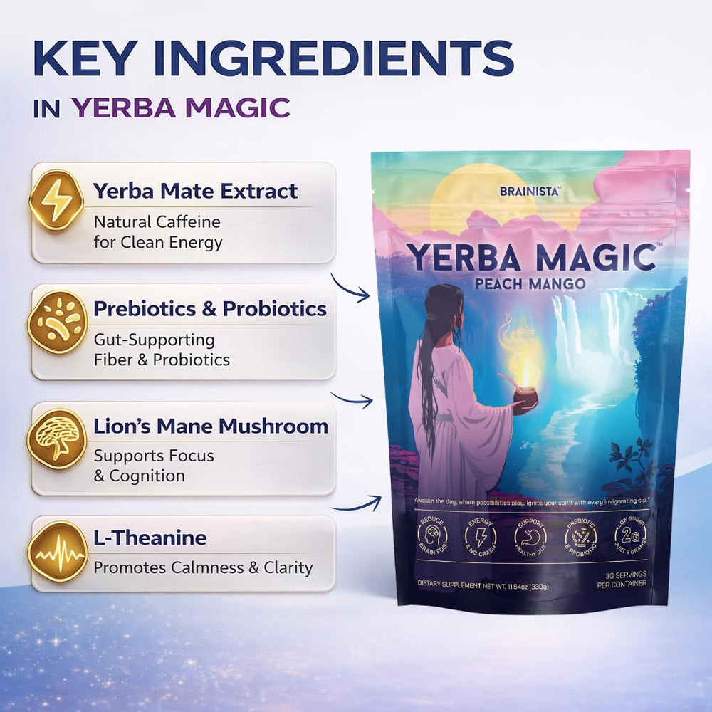 Brainista Yerba Magic pouring into glass demonstrates convenient energy for busy days.